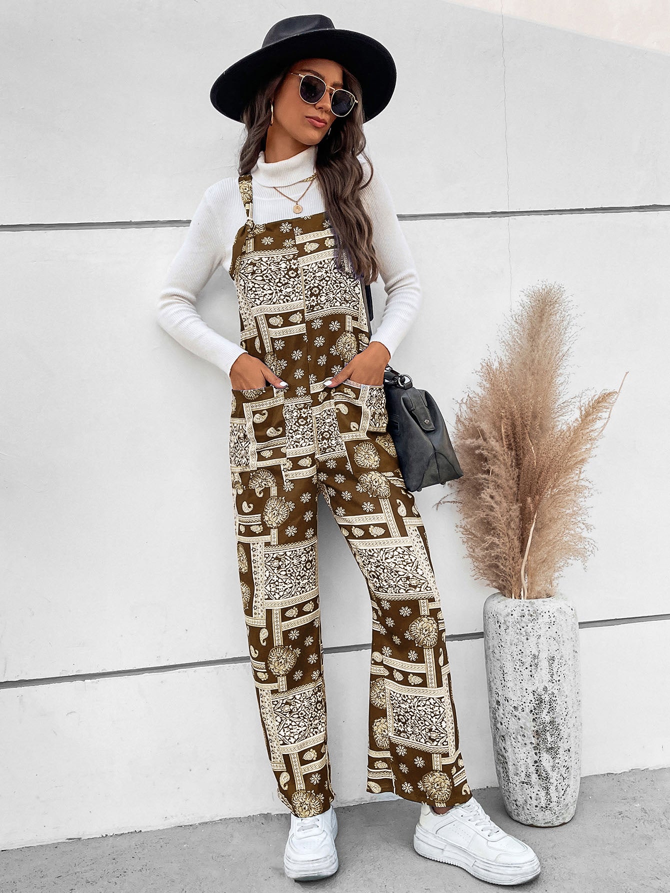 Printed Straight Leg Jumpsuit with Pockets