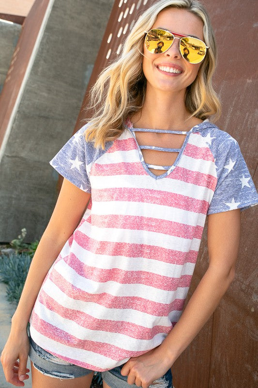 AMERICAN FLAG LACE UP HOODIE TOP